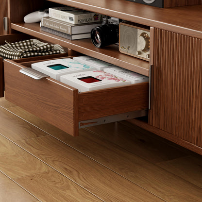 Low Profile TV Stand for TVs up to 70 Inches, Fluted Media Console with Cabinets, Drawers and Shelf - iKaslandi