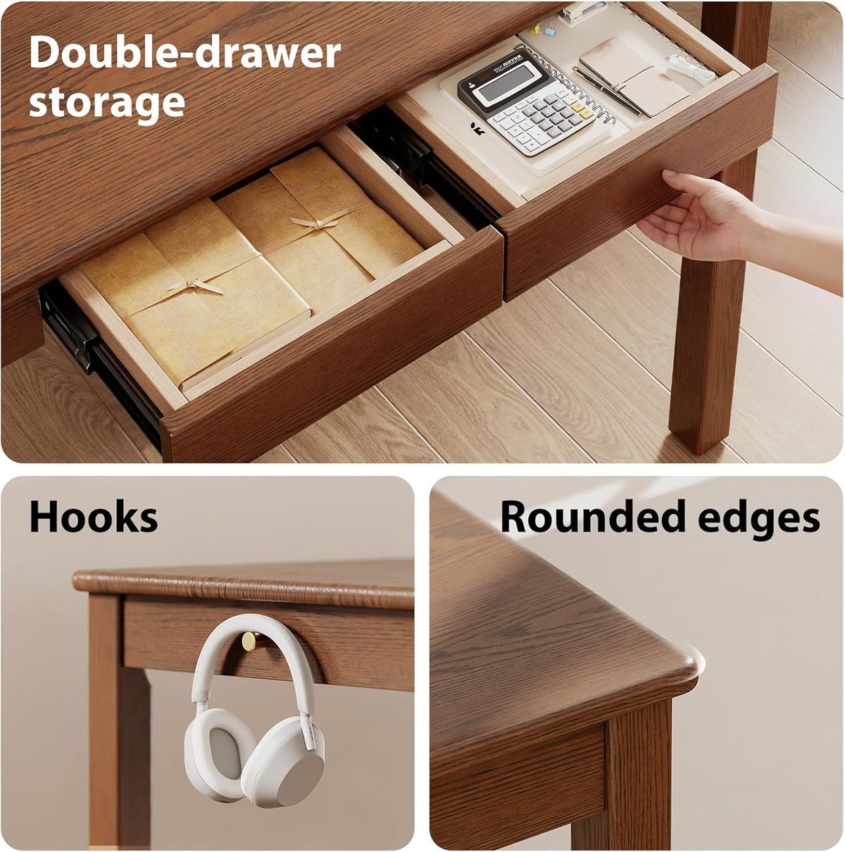 Solid Rubberwood Desk with 2 Drawers and Charging Station, Small Computer Desk - iKaslandi