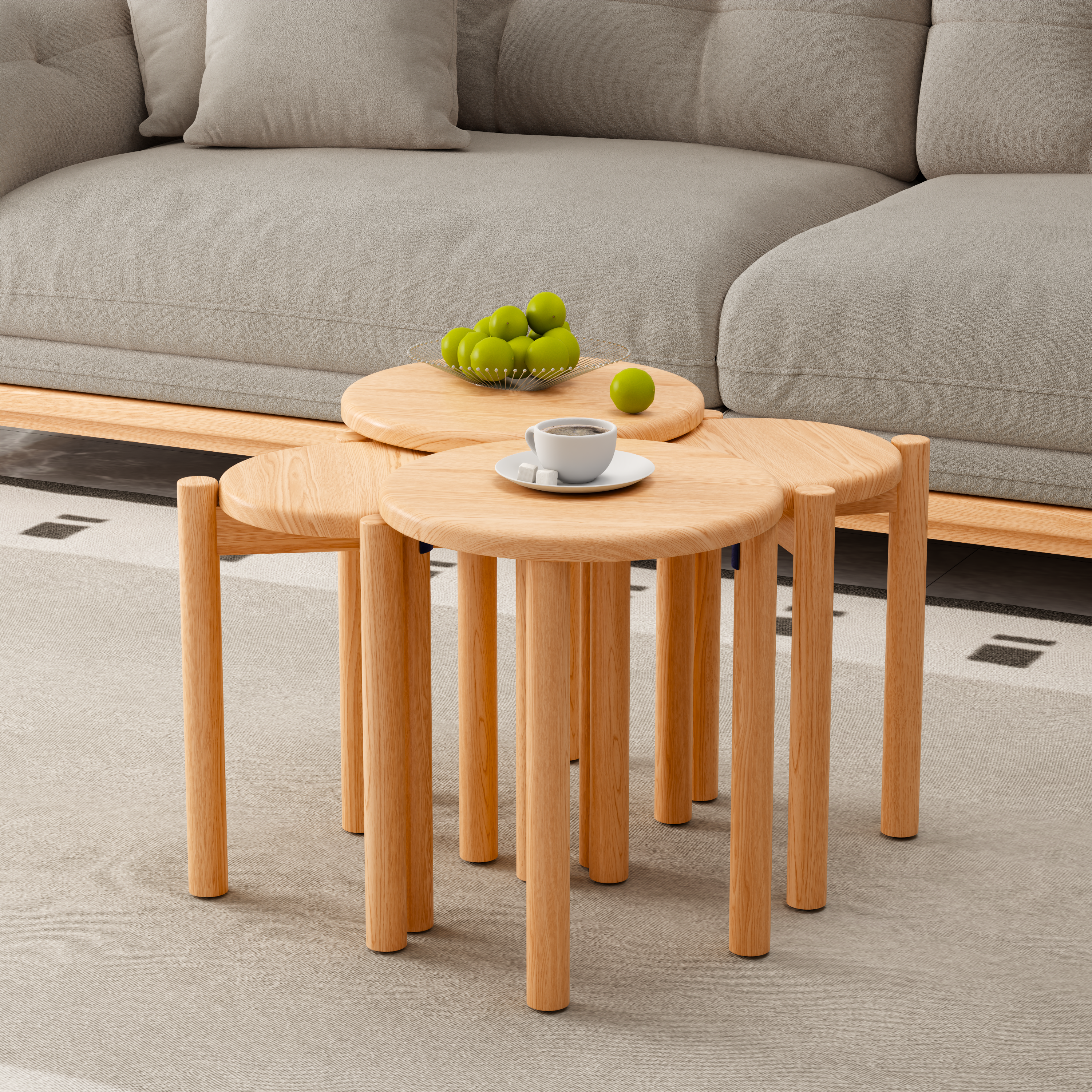 Set of 4 Stackable Solid Wood Multifunctional Round Stools/Side Tables