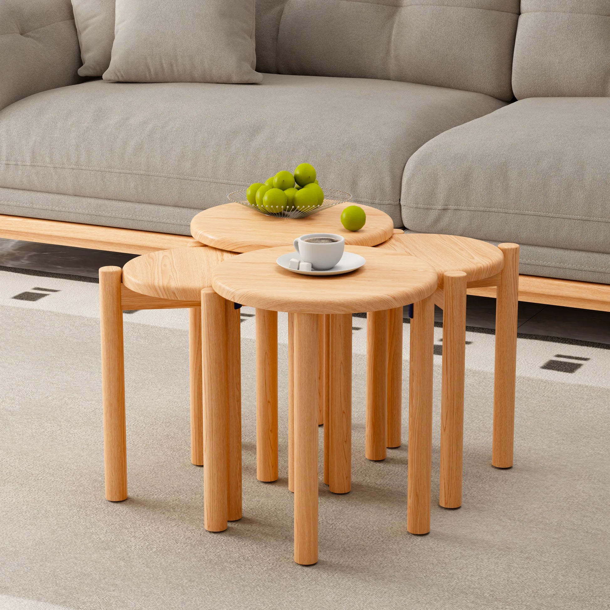 Solid Rubberwood Round Stool Set of 4 | Stackable Farmhouse Accent Stools - Kaslandi Furniture