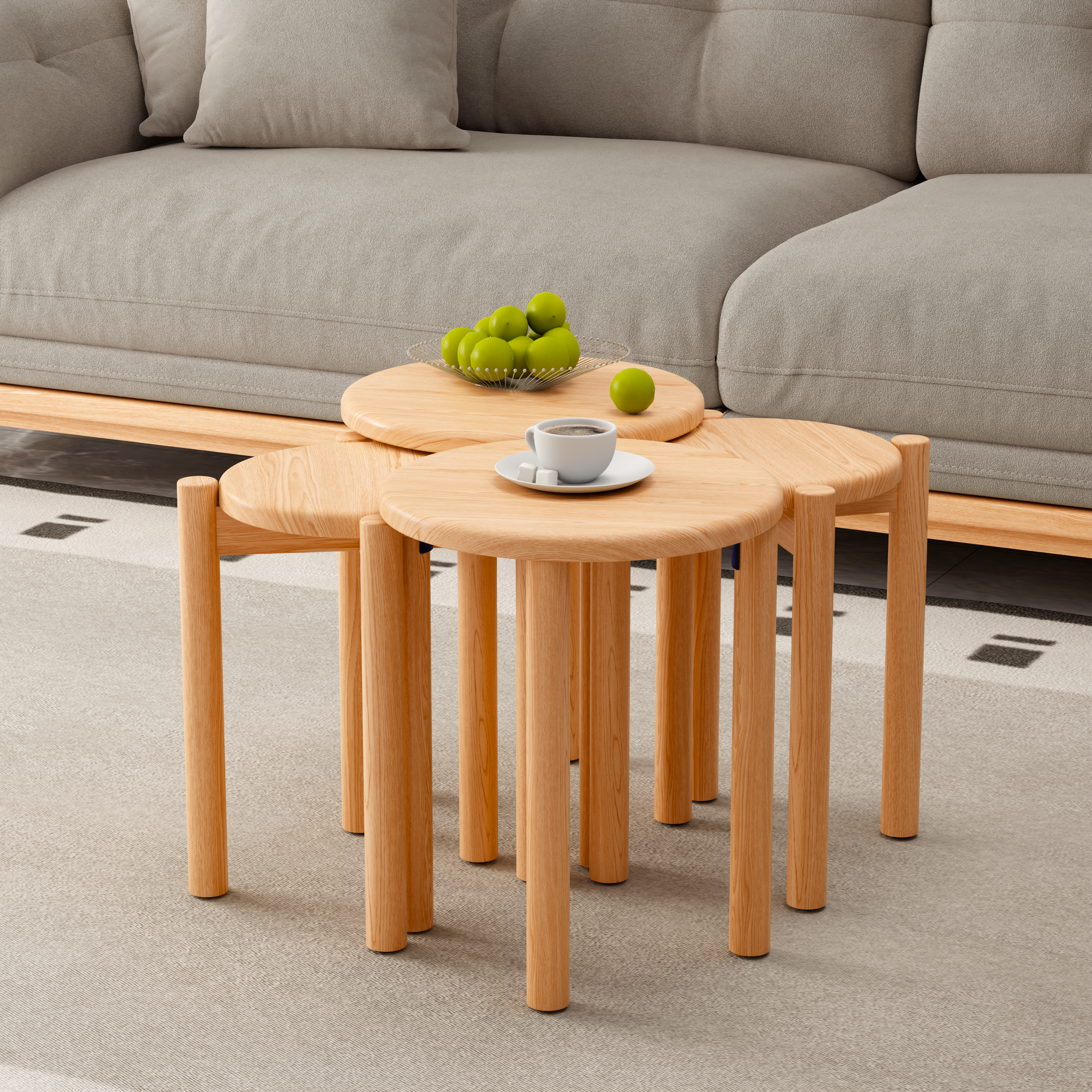 Set of 4 Stackable Solid Wood Multifunctional Round Stools/Side Tables