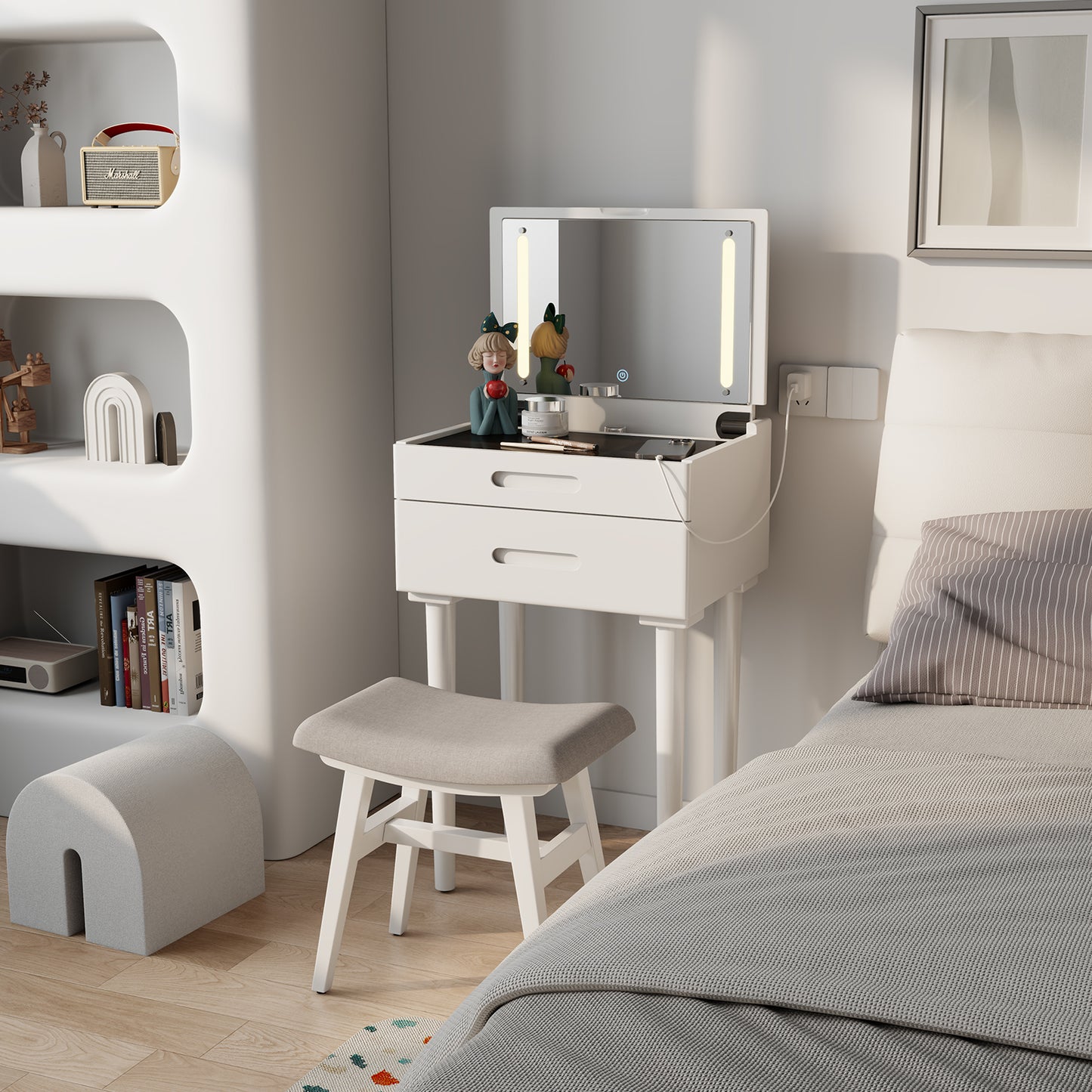 Solid Wood Vanity Desk with Plip Top Mirror & Lights, Small Makeup Vanity with Drawers, 3 Lighting Modes Adjustable Brightness, Vanity Table for Bedroom and Living Room