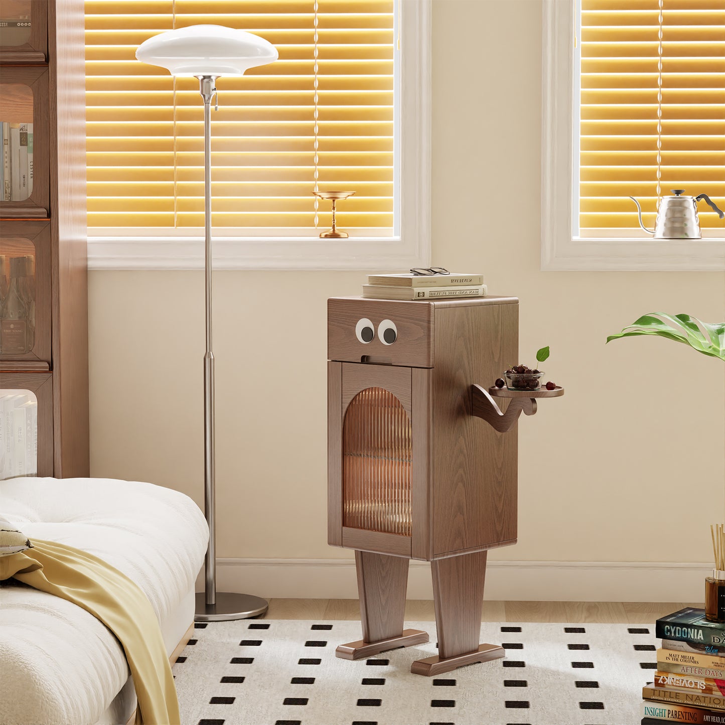 Robot Nightstand,Tall Nightstand with Drawers,Solid Wood Nightstand,Mid Century Modern Nightstand,Walnut Nightstand with Storage,Adjustable Dividers,Sensor Light,Bedside Table for Living Room, Bedroom