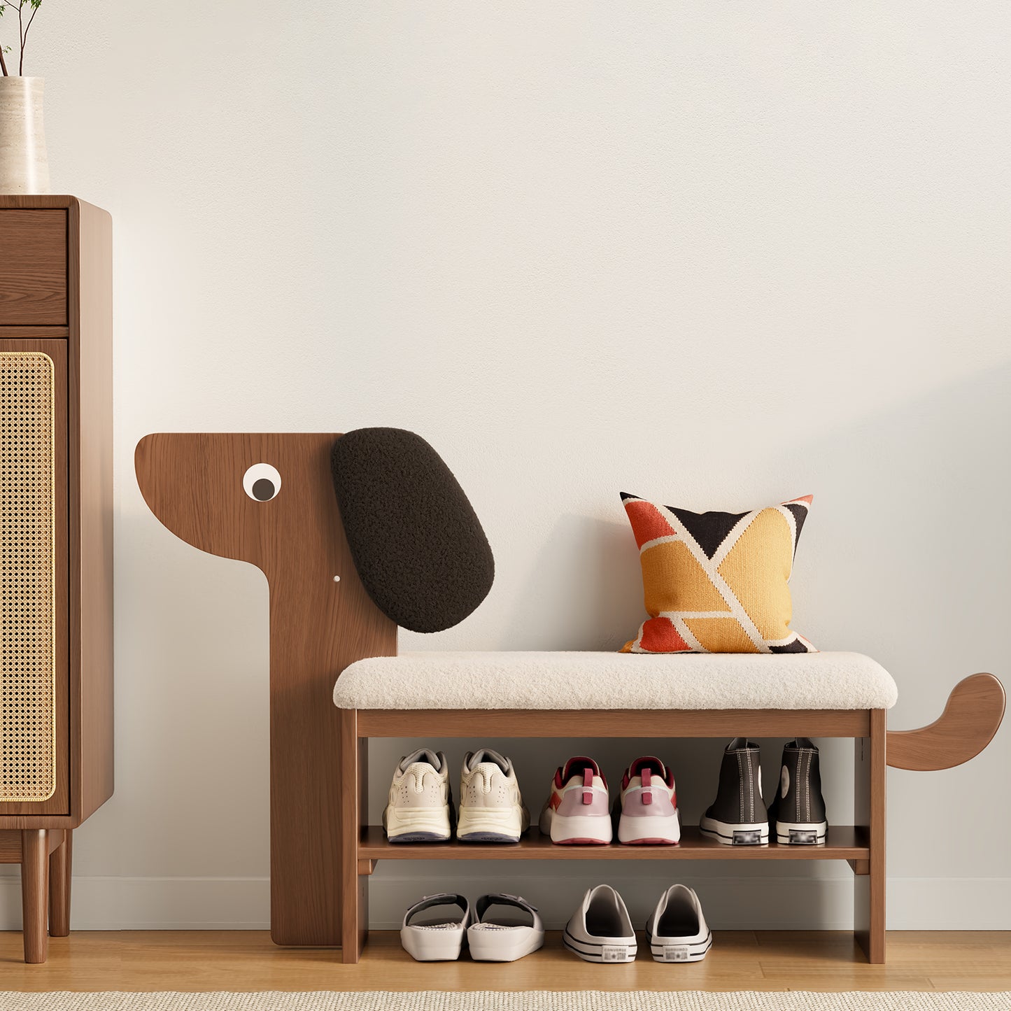 Shoe Rack Bench with Cushion, 2-Tier Dog Shoe Bench Cute, Wood Shoe Rack, Shoe Rack Bench with Storage,Shoe Shelf for Entryway, Hallway, Bedroom, Living Room