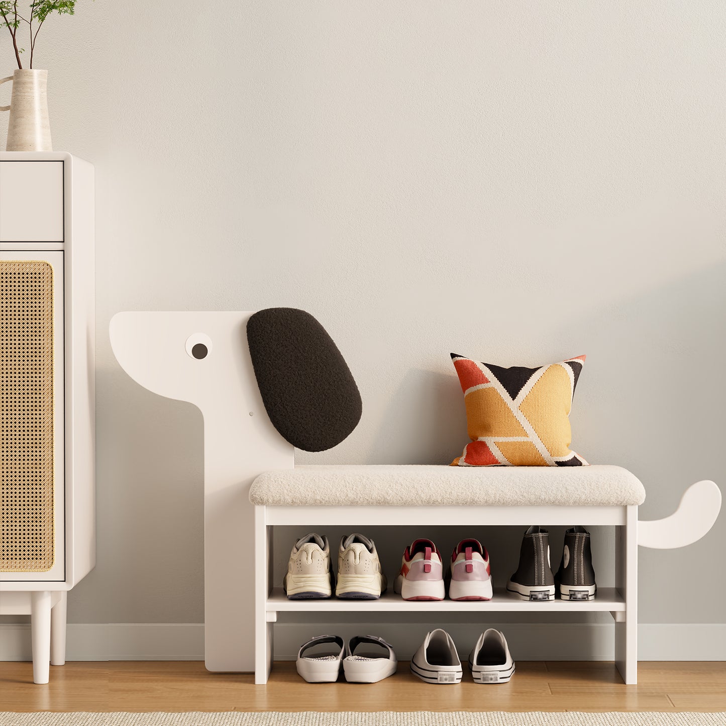 Shoe Rack Bench with Cushion, 2-Tier Dog Shoe Bench Cute, Wood Shoe Rack, Shoe Rack Bench with Storage,Shoe Shelf for Entryway, Hallway, Bedroom, Living Room