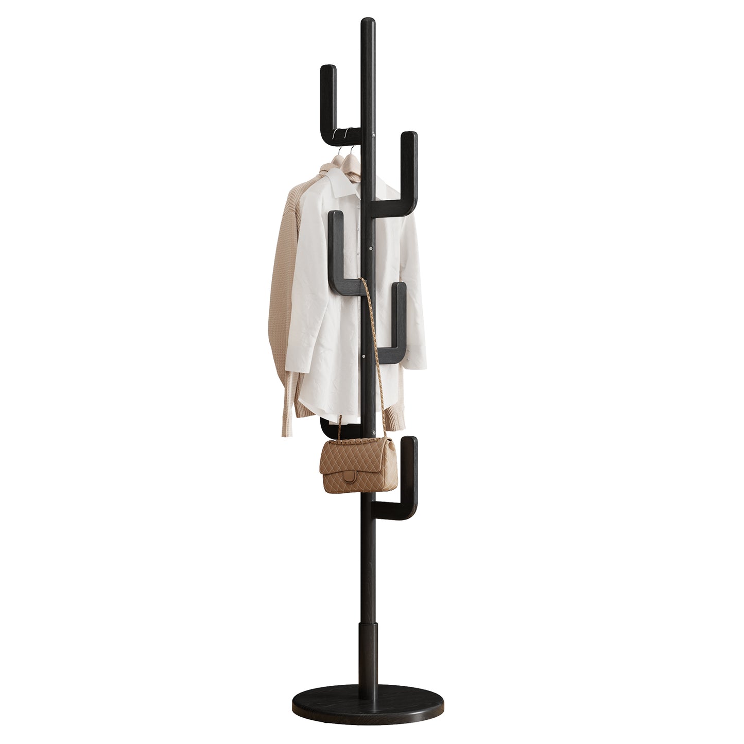 Solid Wood Cactus Coat Rack Stand, Freestanding Coat Rack with 6 L-shaped Hooks and 3 Adjustable Sizes, Sturdy and Easy to Assemble Coat Tree for Entryway, Bedroom