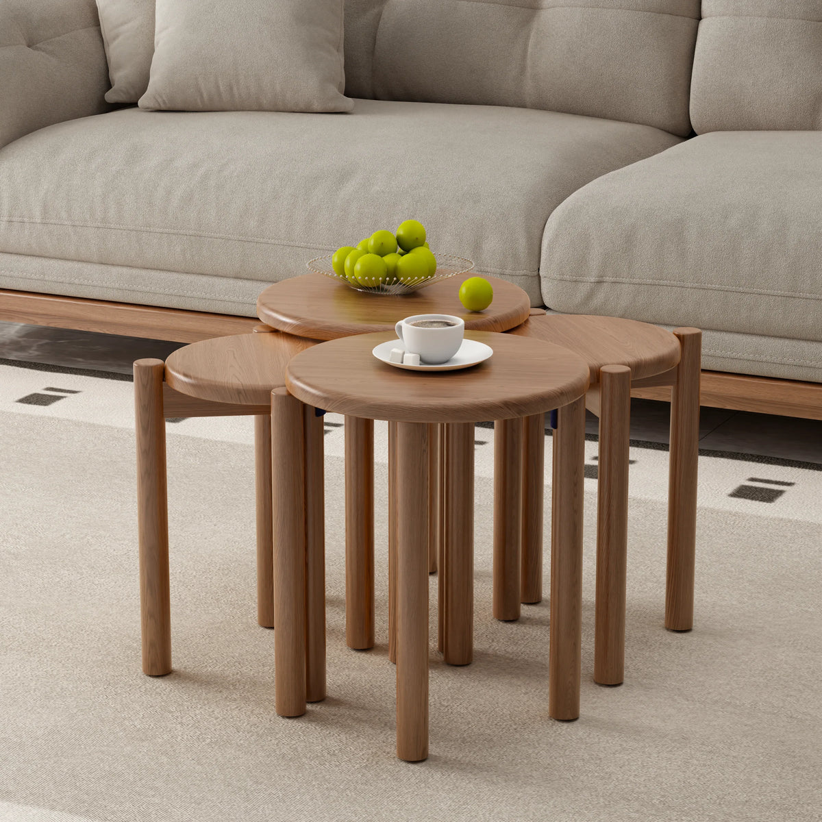 Solid Rubberwood Round Stool Set of 4 | Stackable Farmhouse Accent Stools - Kaslandi Furniture
