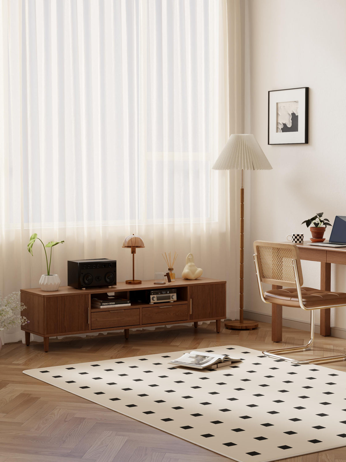 Low Profile TV Stand for TVs up to 70 Inches, Fluted Media Console with Cabinets, Drawers and Shelf - iKaslandi