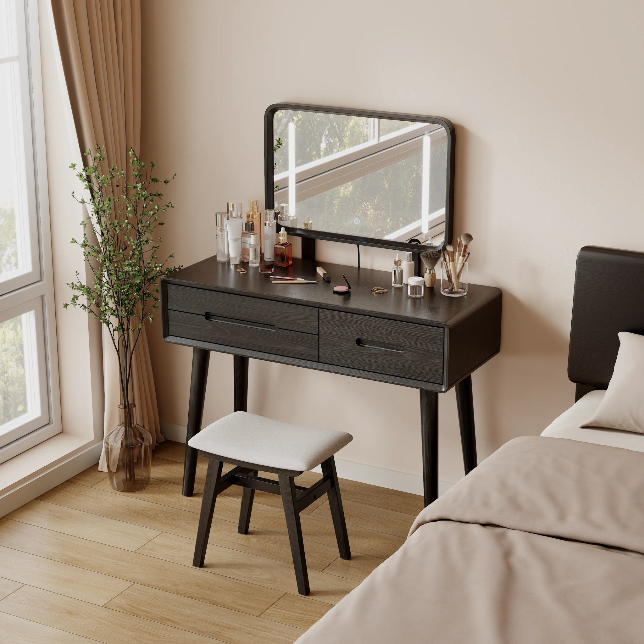 Solid Wood Vanity Desk with Detachable Lighted Mirror | Converts to Writing Desk - Kaslandi Furniture