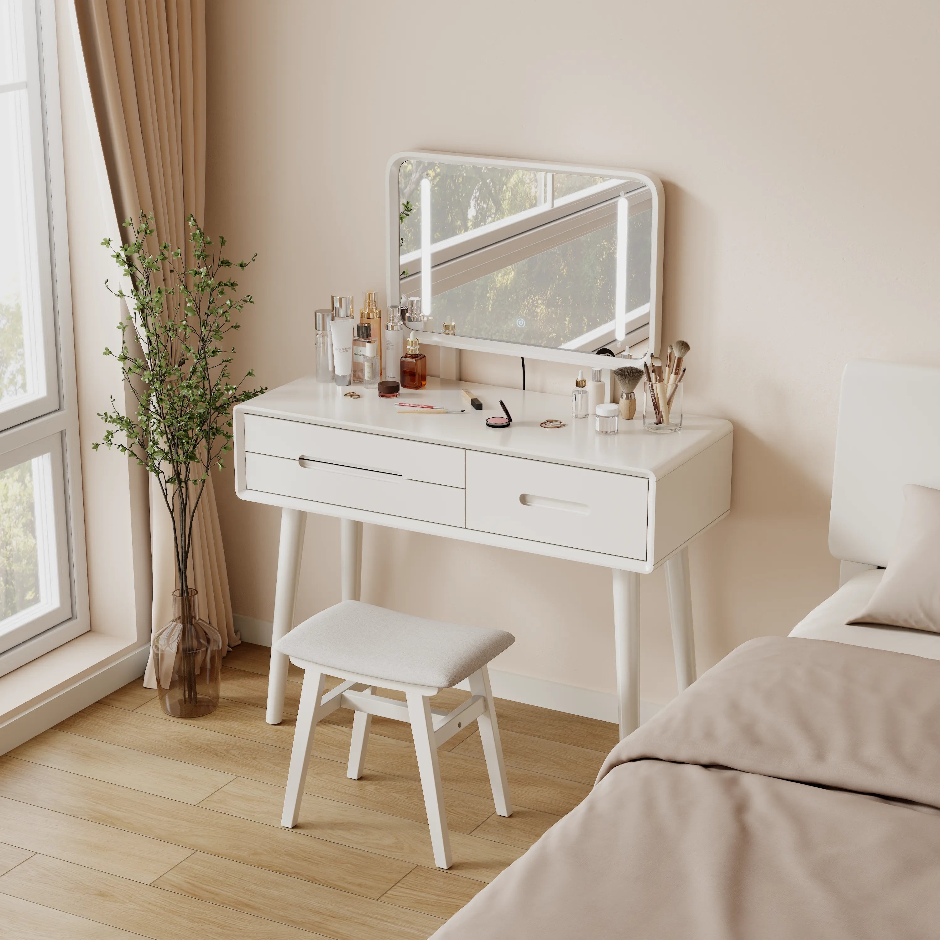 Solid Wood Vanity Desk with Detachable Lighted Mirror | Converts to Writing Desk - Kaslandi Furniture
