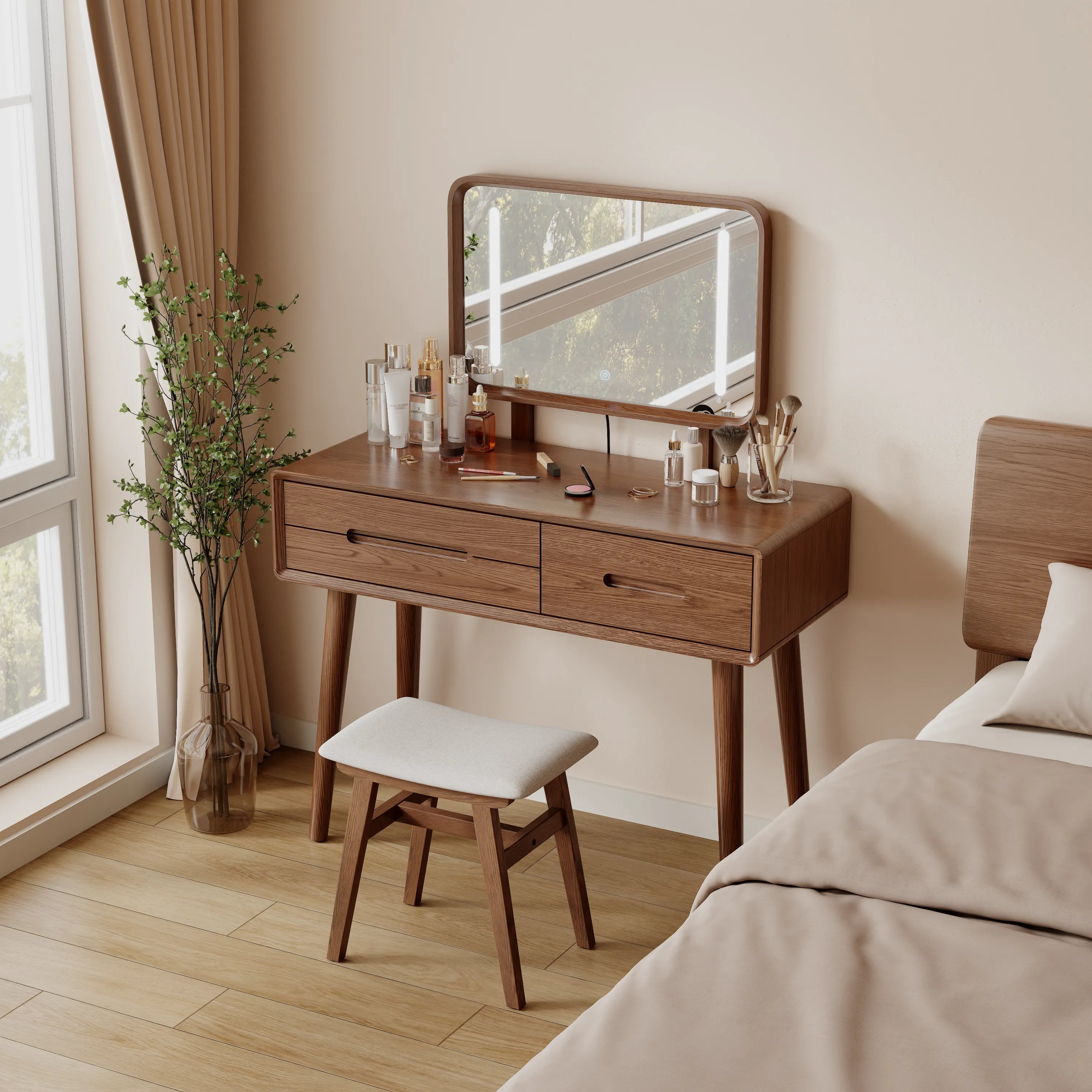 Solid Wood Vanity Desk with Detachable Lighted Mirror | Converts to Writing Desk - Kaslandi Furniture