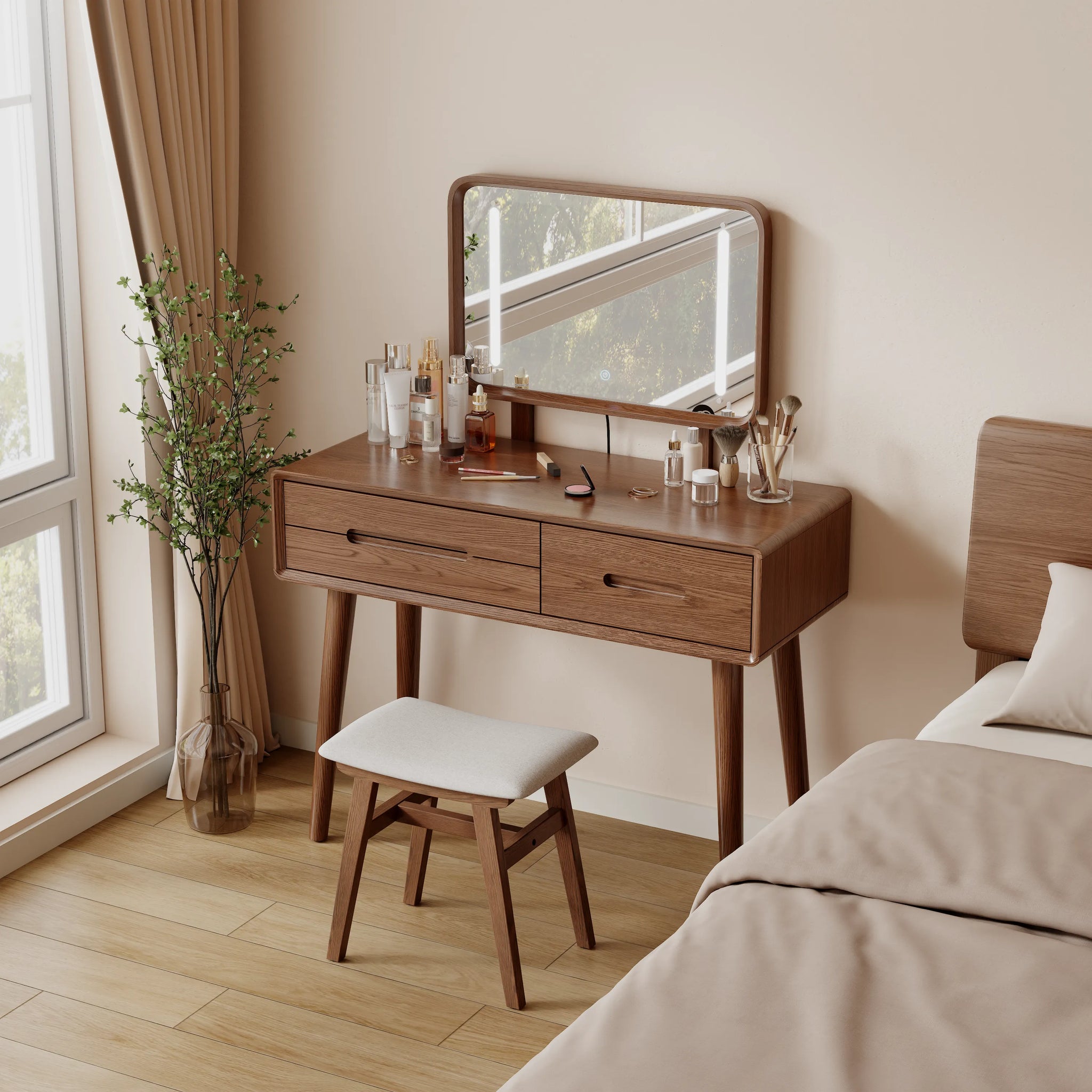 Solid Wood Vanity Desk with Detachable Lighted Mirror | Converts to Writing Desk - Kaslandi Furniture