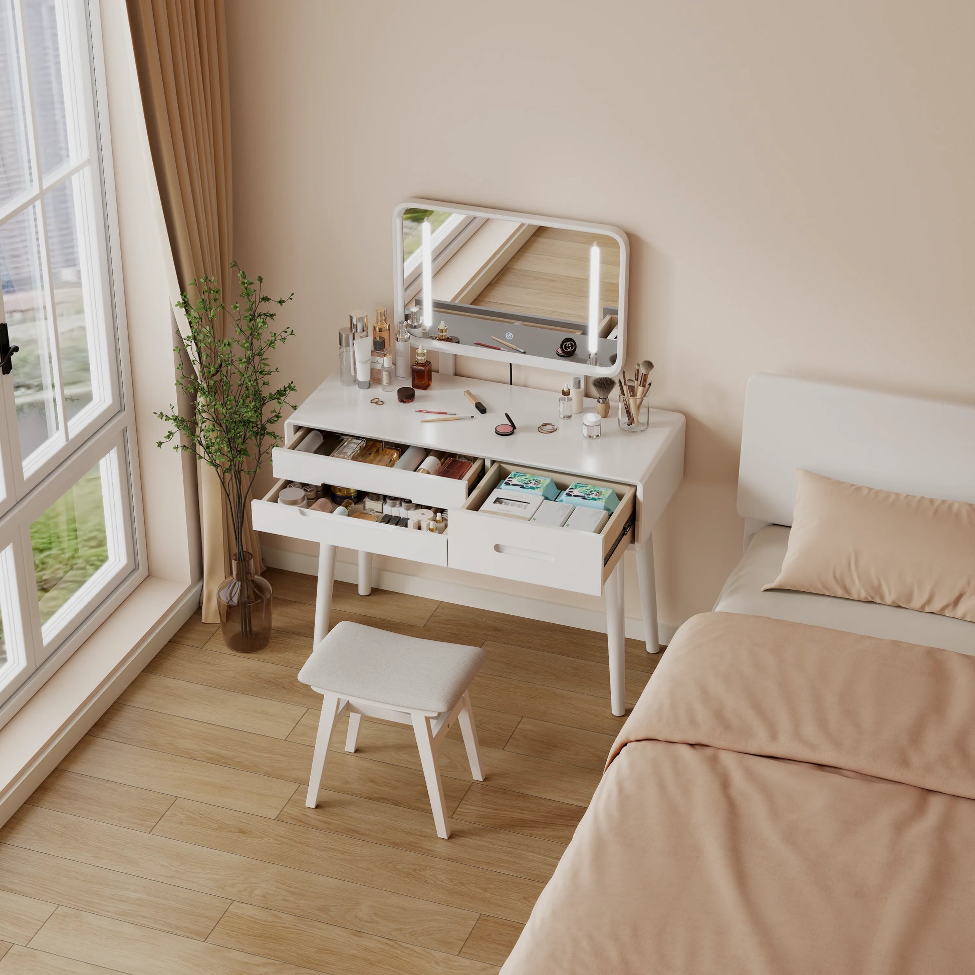 Solid Wood Vanity Desk with Detachable Lighted Mirror | Converts to Writing Desk - Kaslandi Furniture