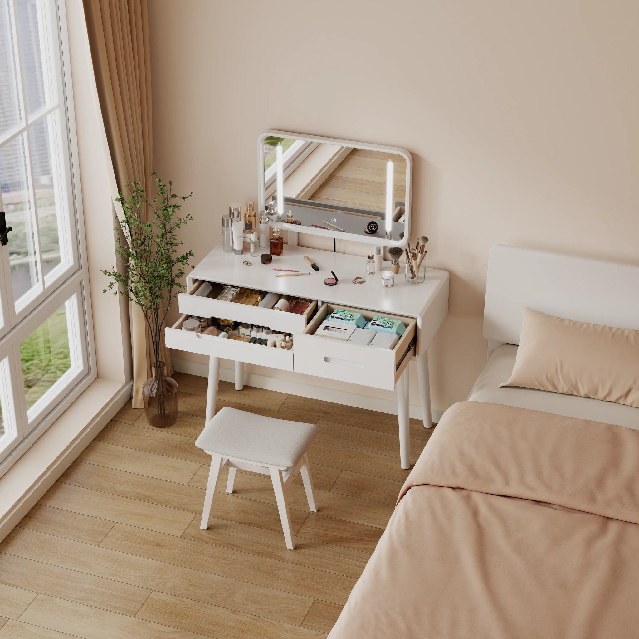 Solid Wood Vanity Desk with Detachable Lighted Mirror | Converts to Writing Desk - Kaslandi Furniture