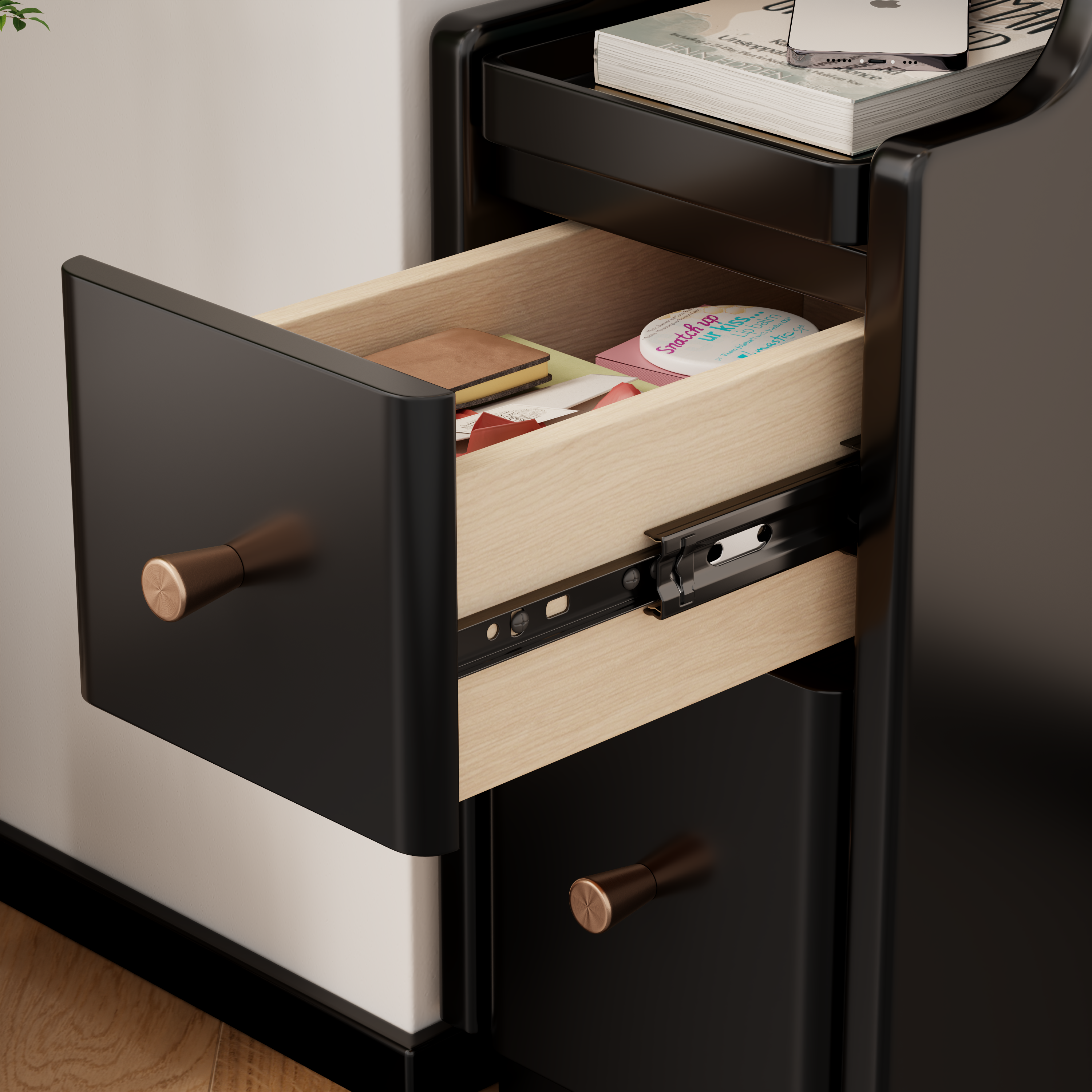 Solid Wood Minimalist Nightstand – 3 Drawers & Open Shelf, Classic Design