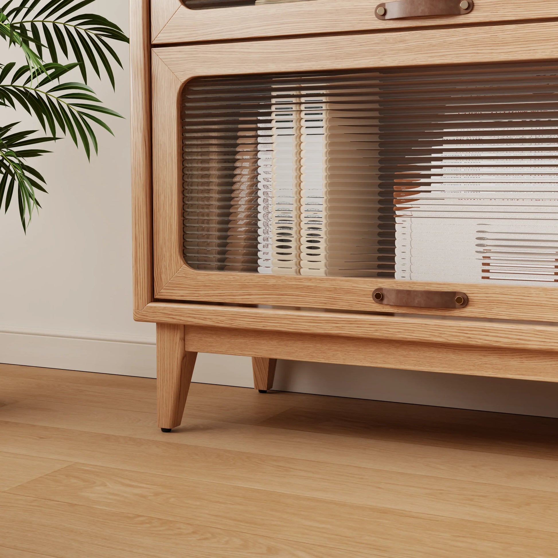 3 - Tier Solid Wood Bookcase with Flip - Up Glass Doors - Kaslandi Furniture