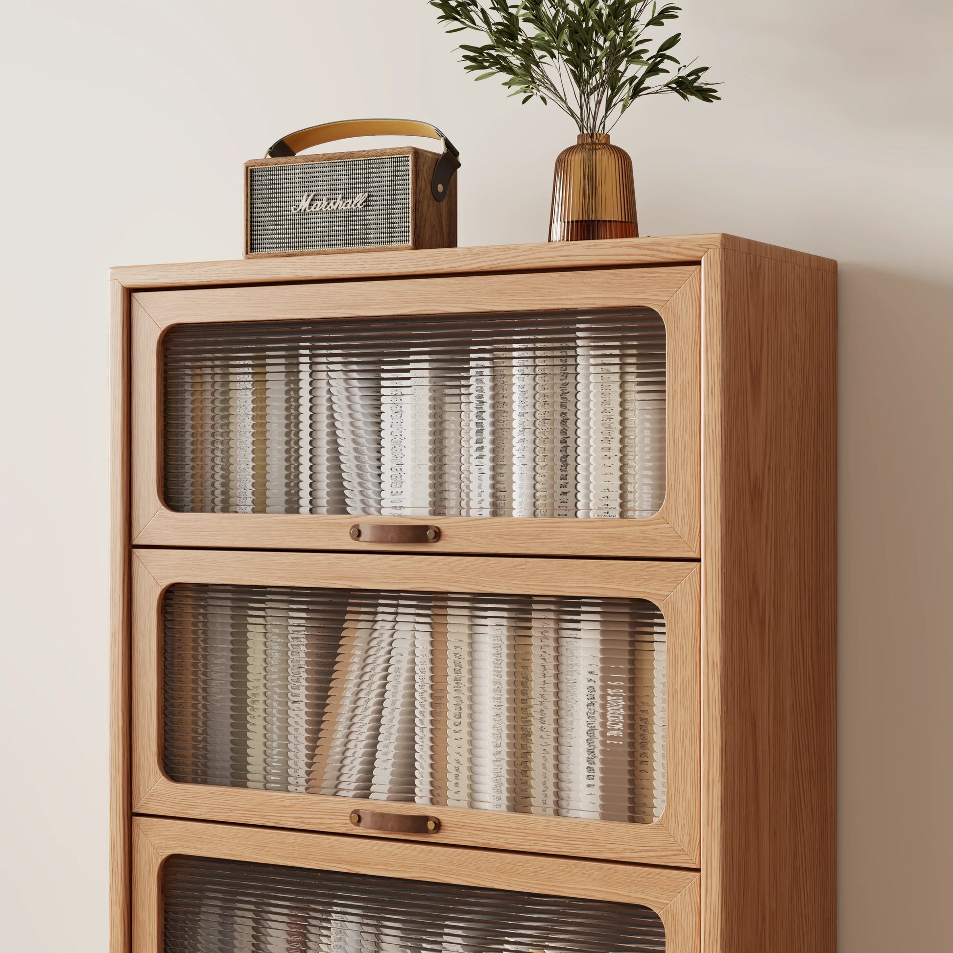 3 - Tier Solid Wood Bookcase with Flip - Up Glass Doors - Kaslandi Furniture