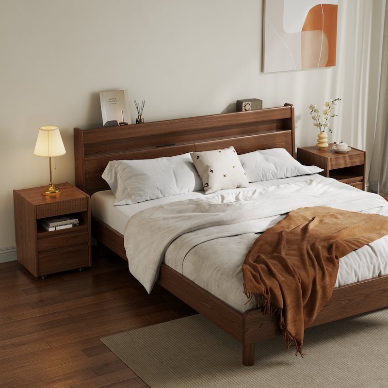 Solid Wood Nightstand with Wheels, Open Shelf & 3 Drawers - iKaslandi