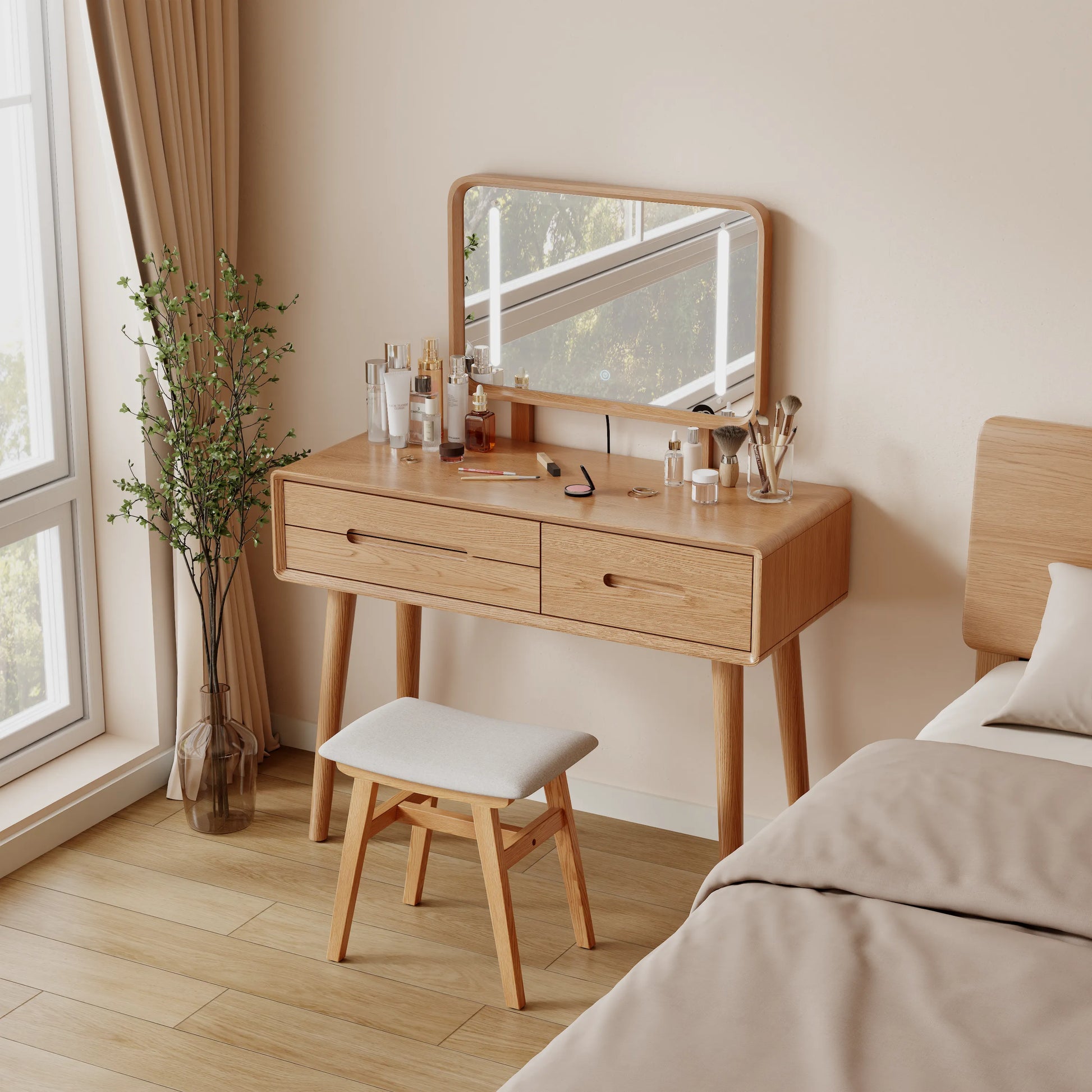 Solid Wood Vanity Desk with Detachable Lighted Mirror | Converts to Writing Desk - Kaslandi Furniture