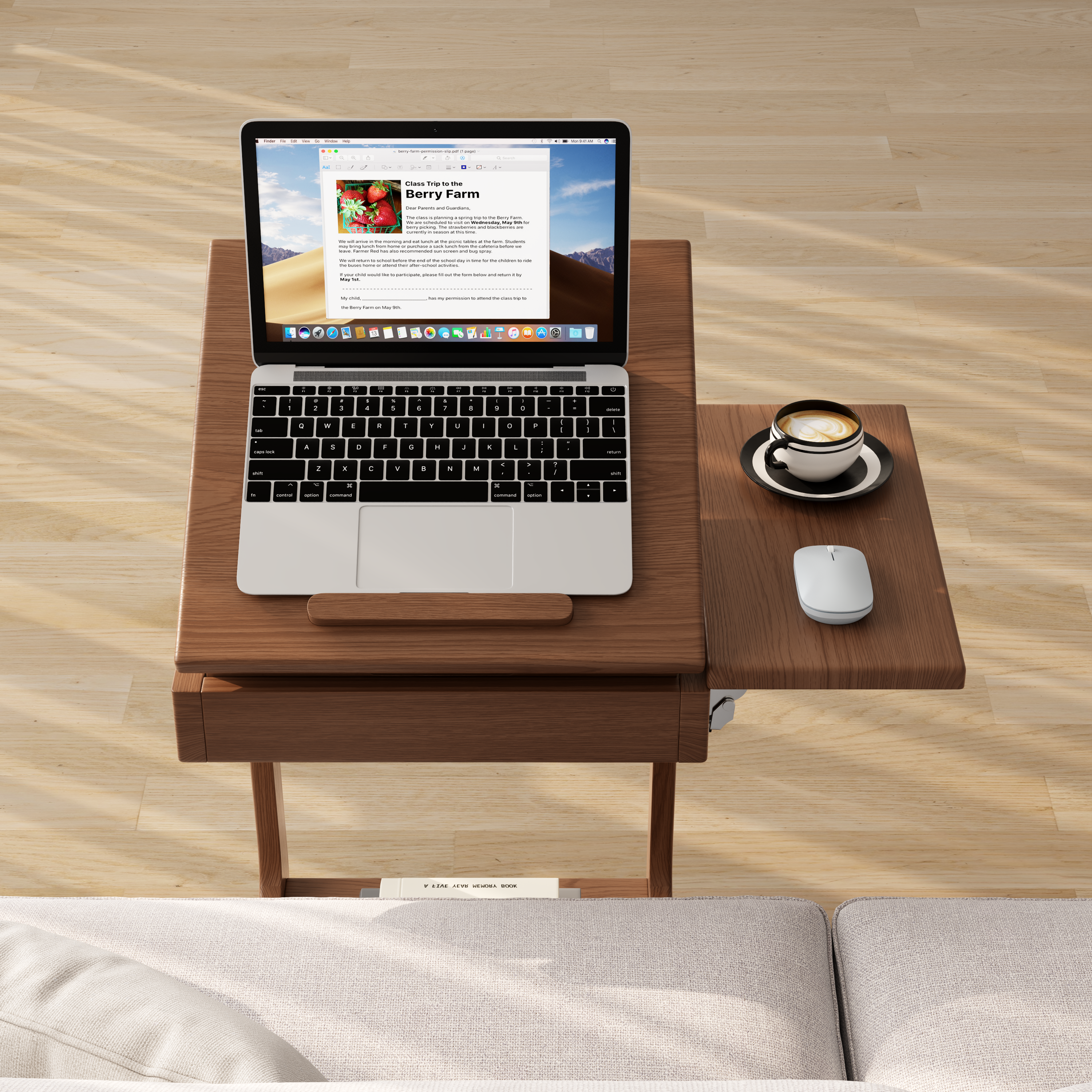 Solid Wood C-Shaped Rolling Side Table – Adjustable with Storage & Folding Shelf