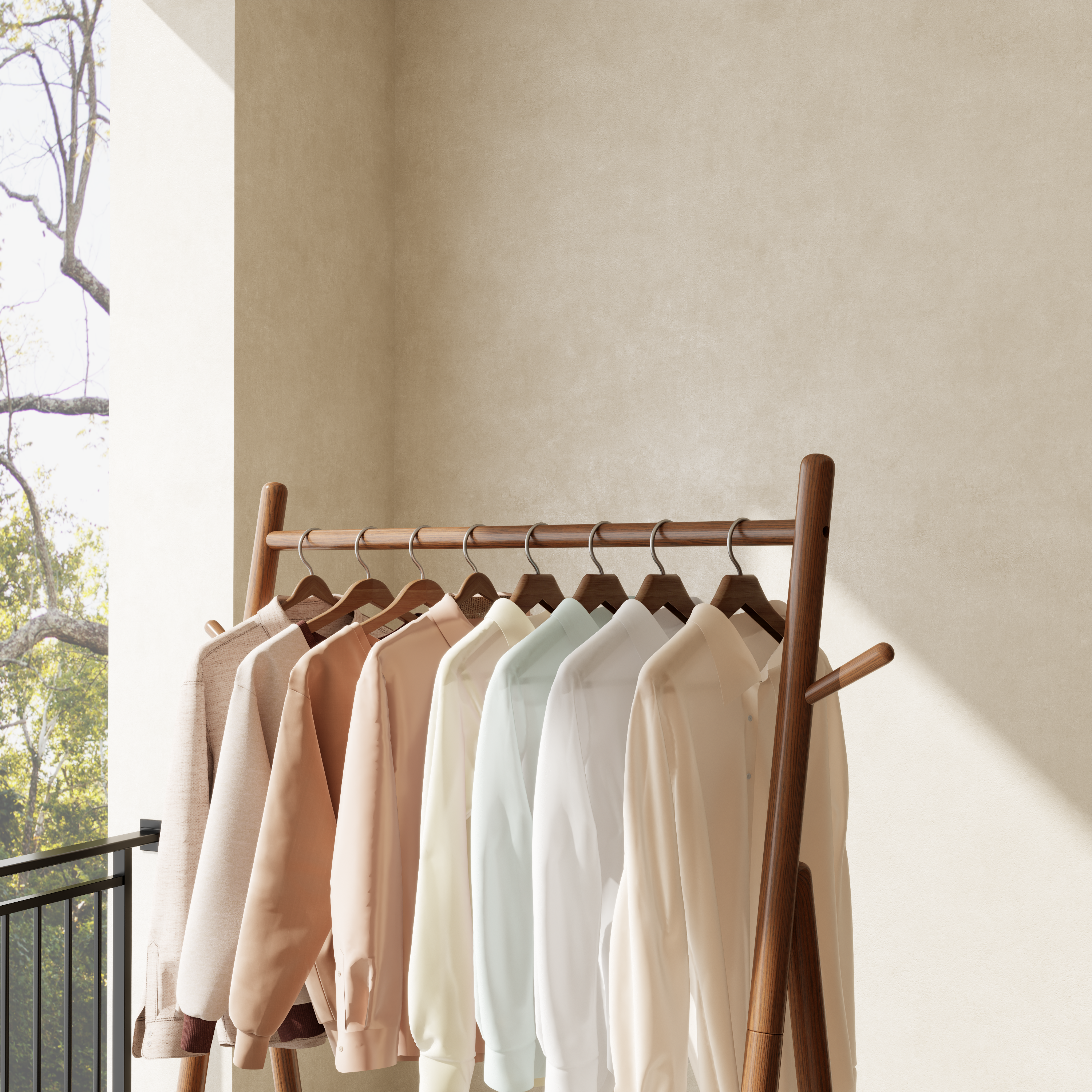 Solid Wood Rolling Clothes Rack with Shelves