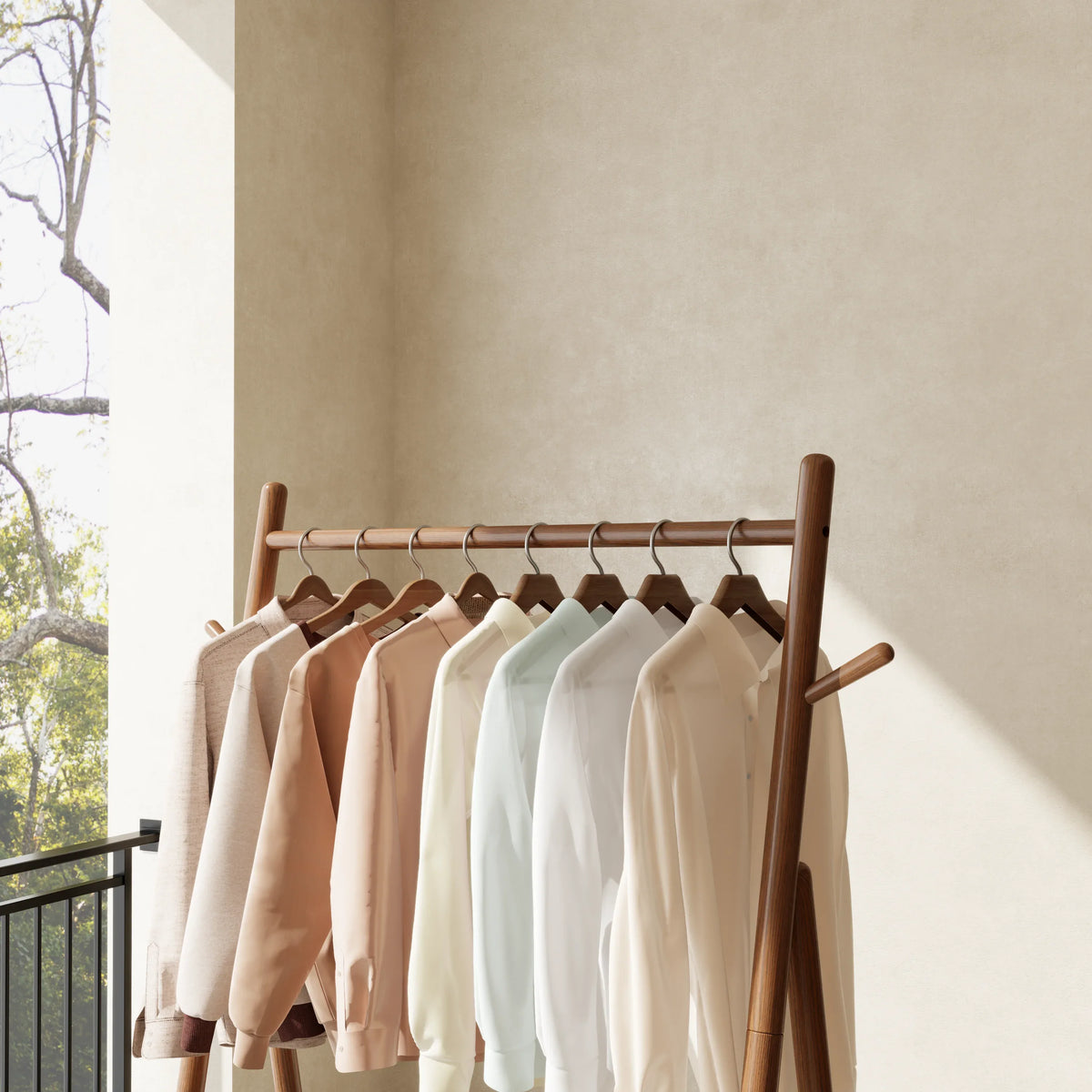 Solid Wood Rolling Clothes Rack with Shelves - Kaslandi Furniture