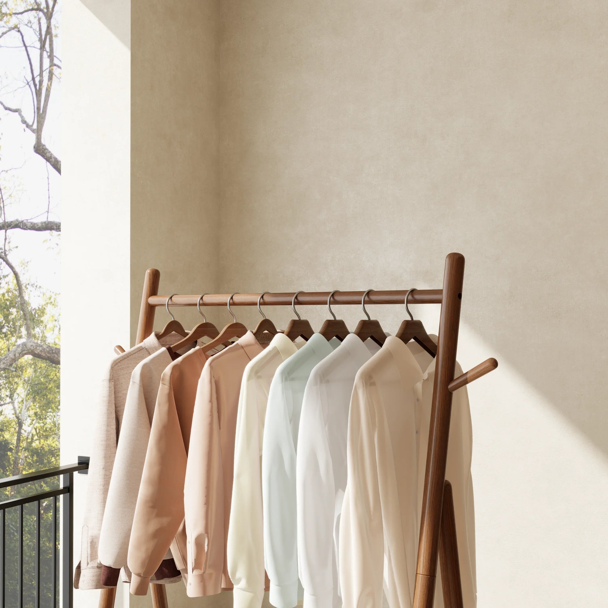 Solid Wood Rolling Clothes Rack with Shelves - Kaslandi Furniture