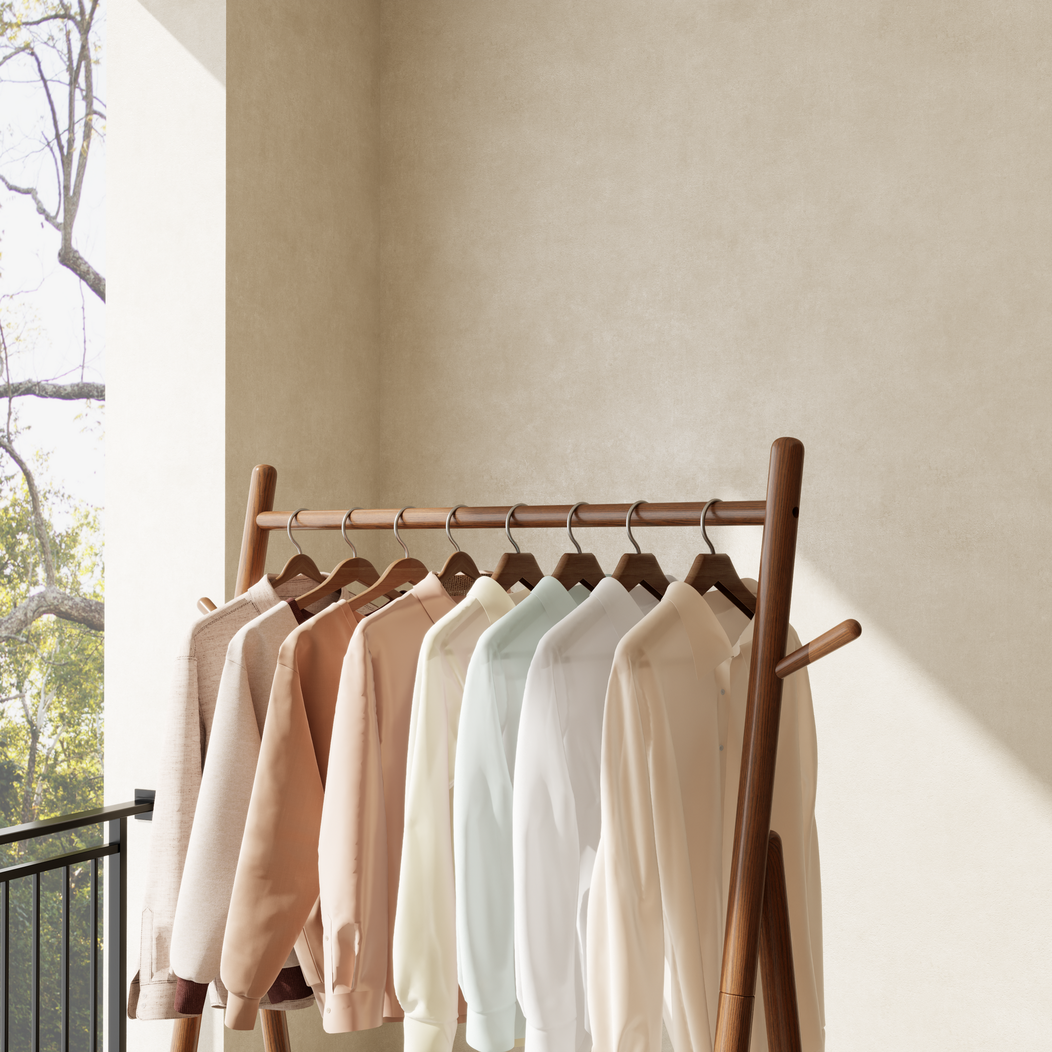 Solid Wood Rolling Clothes Rack with Shelves