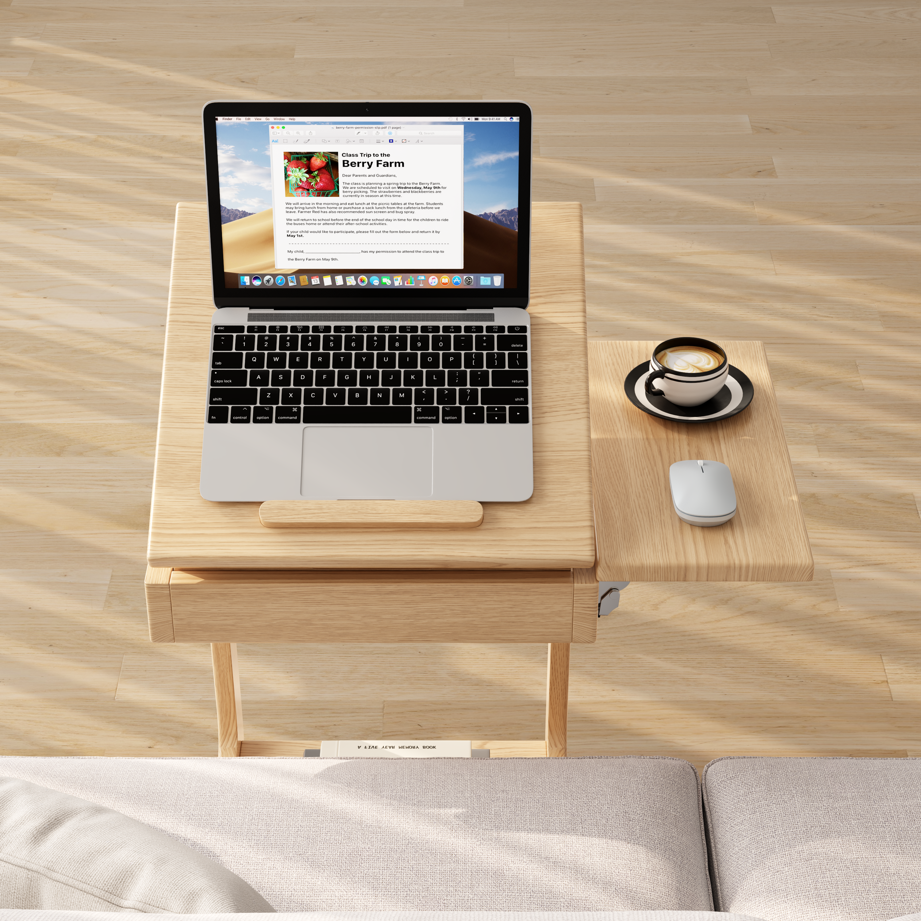 Solid Wood C-Shaped Rolling Side Table – Adjustable with Storage & Folding Shelf