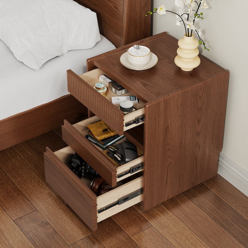 Solid Wood Nightstand with Wheels, Open Shelf & 3 Drawers - iKaslandi