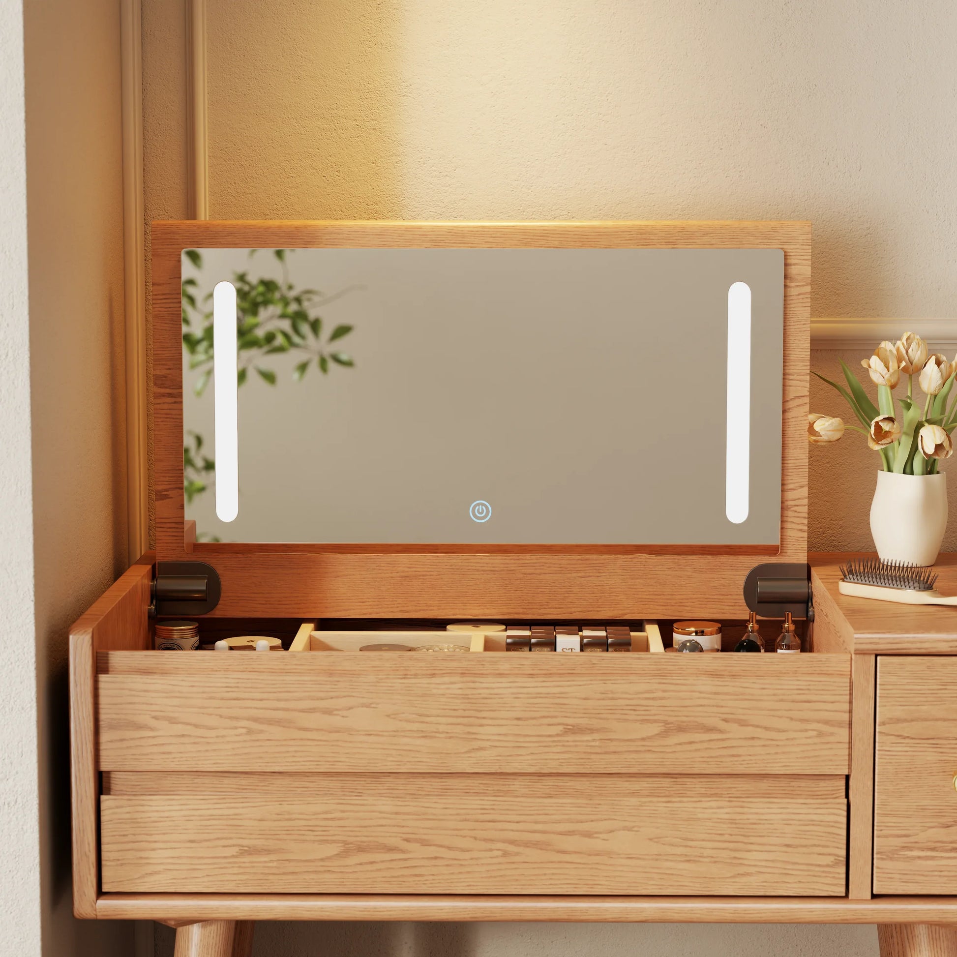 Solid Wood Makeup Vanity with Mirror & Lights (3 - 4 Drawers) - Kaslandi Furniture
