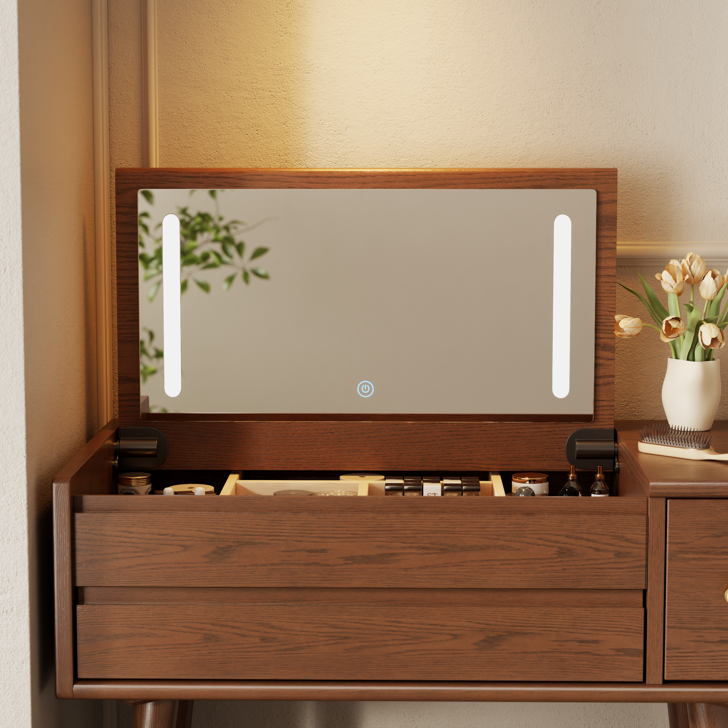 Vanity Desk with Mirror and Lights, Wooden Makeup Vanity Table with 3 or 4 Drawers