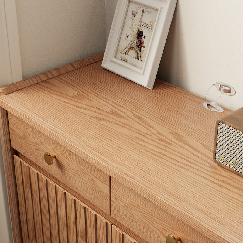 Fluted Solid Wood Shoe Cabinet with Drawers & Open Shelf