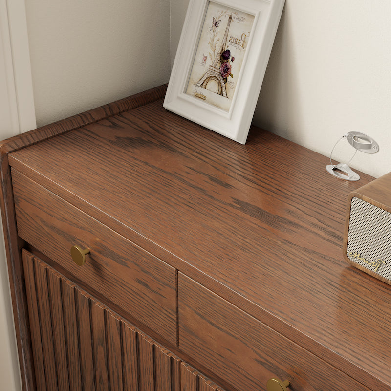 Fluted Solid Wood Shoe Cabinet with Drawers & Open Shelf