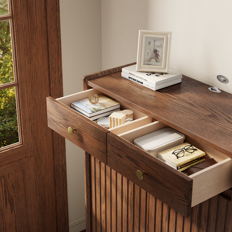 Fluted Solid Wood Shoe Cabinet with Drawers & Open Shelf