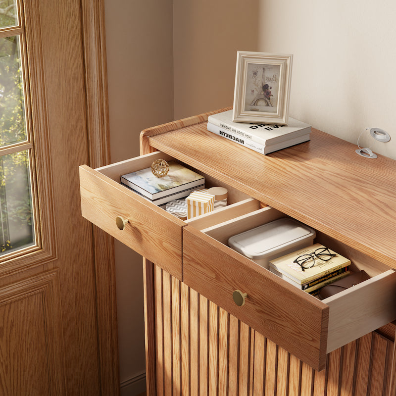 Fluted Solid Wood Shoe Cabinet with Drawers & Open Shelf