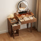 Solid Wood Vanity Desk with LED Round Mirror & Side Storage Cabinet