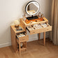 Solid Wood Vanity Desk with LED Round Mirror & Side Storage Cabinet