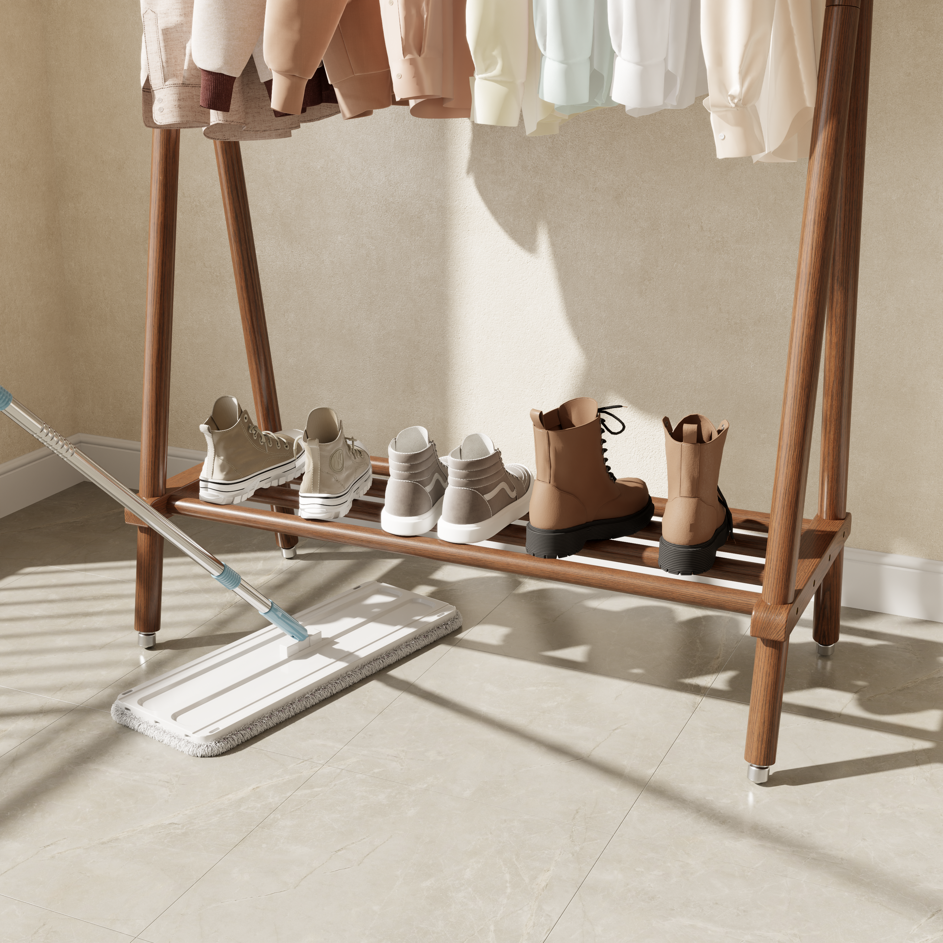 Solid Wood Rolling Clothes Rack with Shelves
