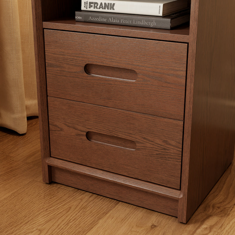 Solid Wood Nightstand with 2 Drawers & Open Shelf