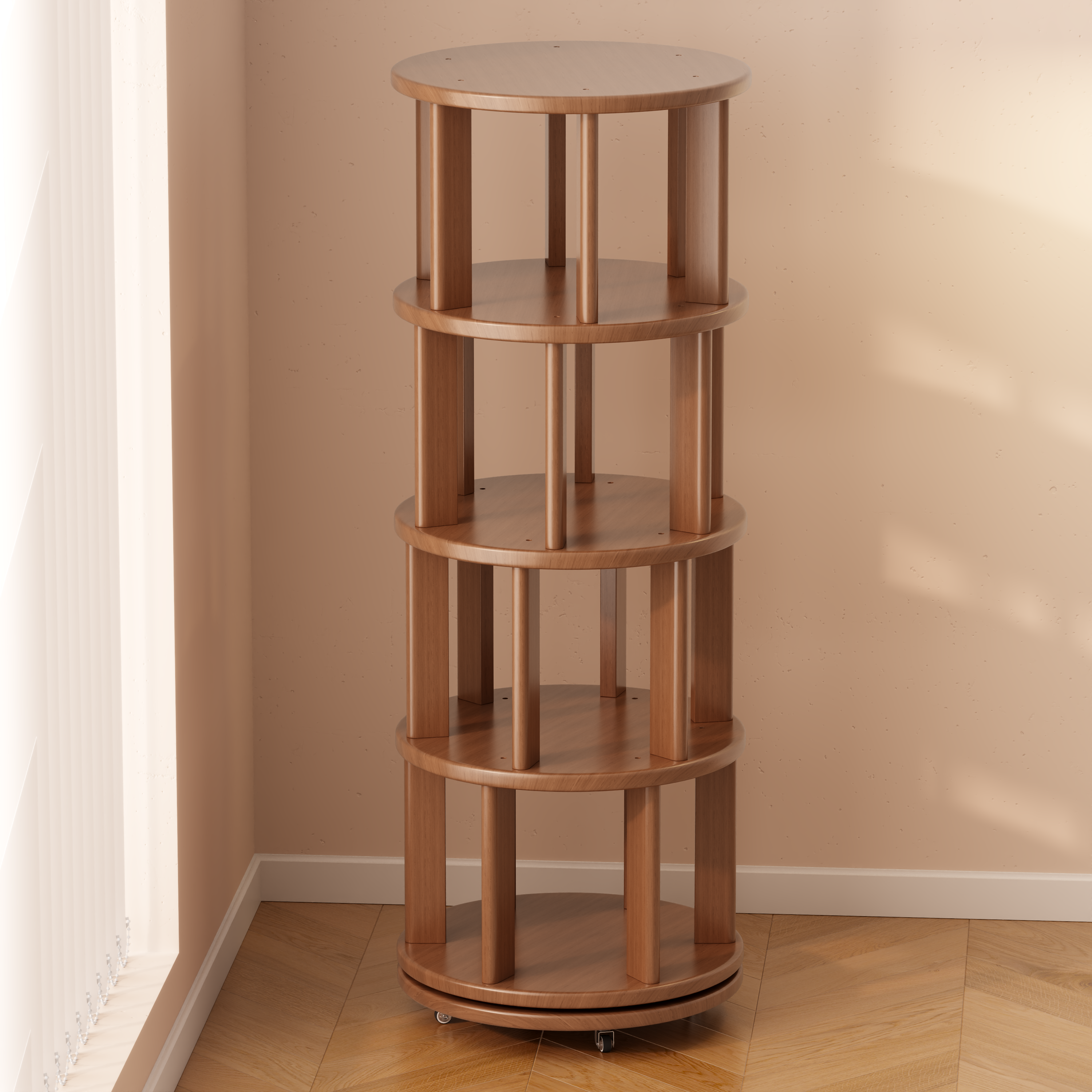 Solid Wood Rotating Bookshelf with Brake Wheels – Adjustable 1-6 Tiers