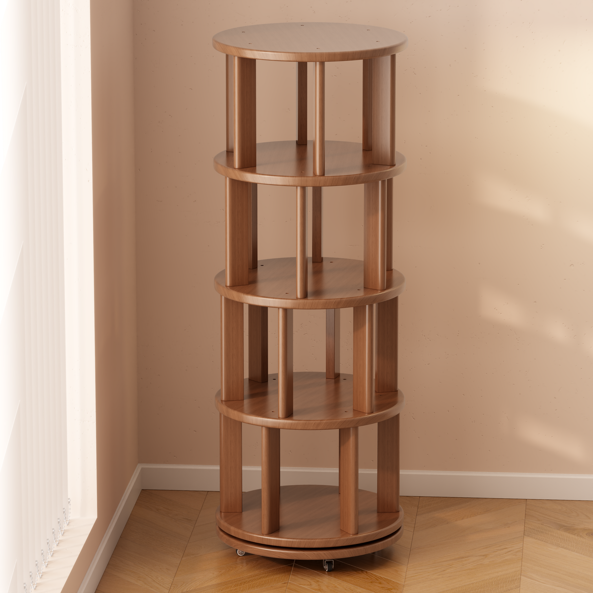 Solid Wood Rotating Bookshelf with Brake Wheels – Adjustable 1-6 Tiers
