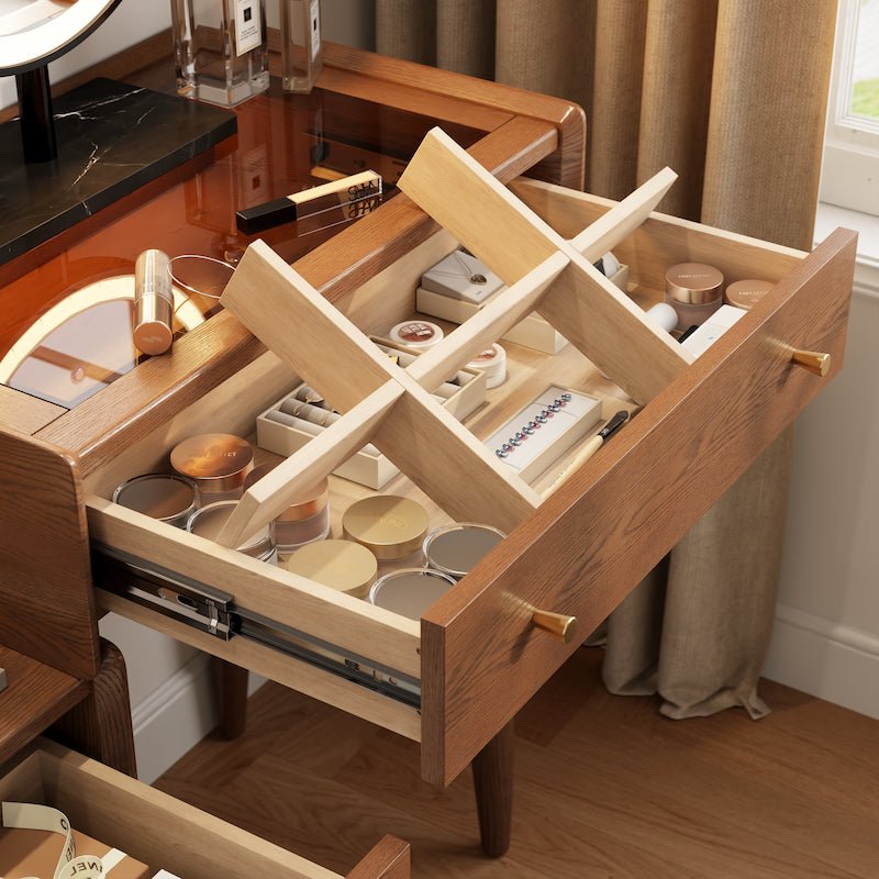 Solid Wood Vanity Desk with LED Round Mirror & Side Storage Cabinet