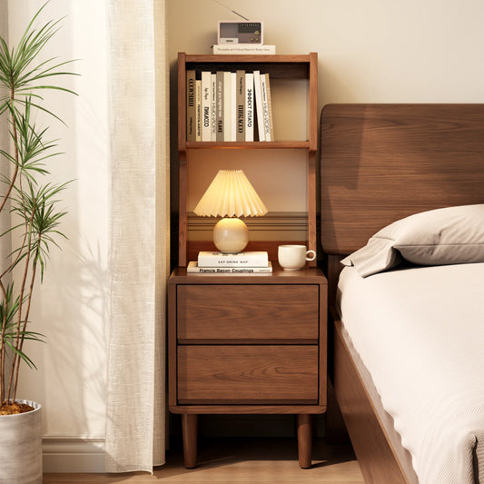 Solid Wood Nightstand with Bookshelf | 2 or 3 Drawer Bedside Table - Kaslandi Furniture
