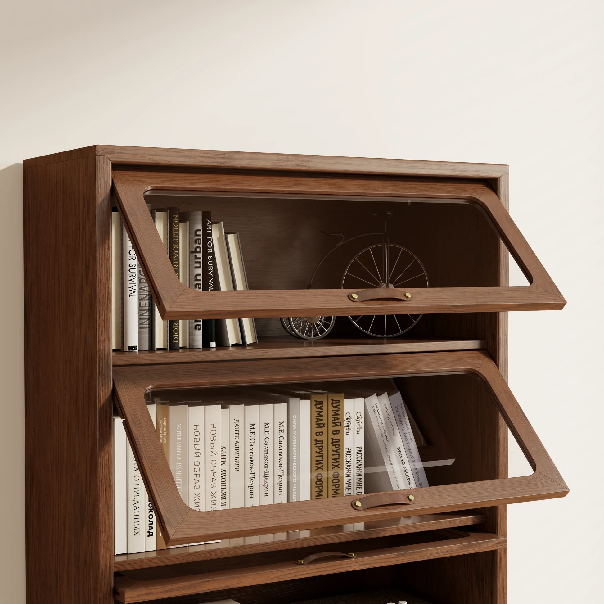 3 - Tier Solid Wood Bookcase with Flip - Up Glass Doors - Kaslandi Furniture
