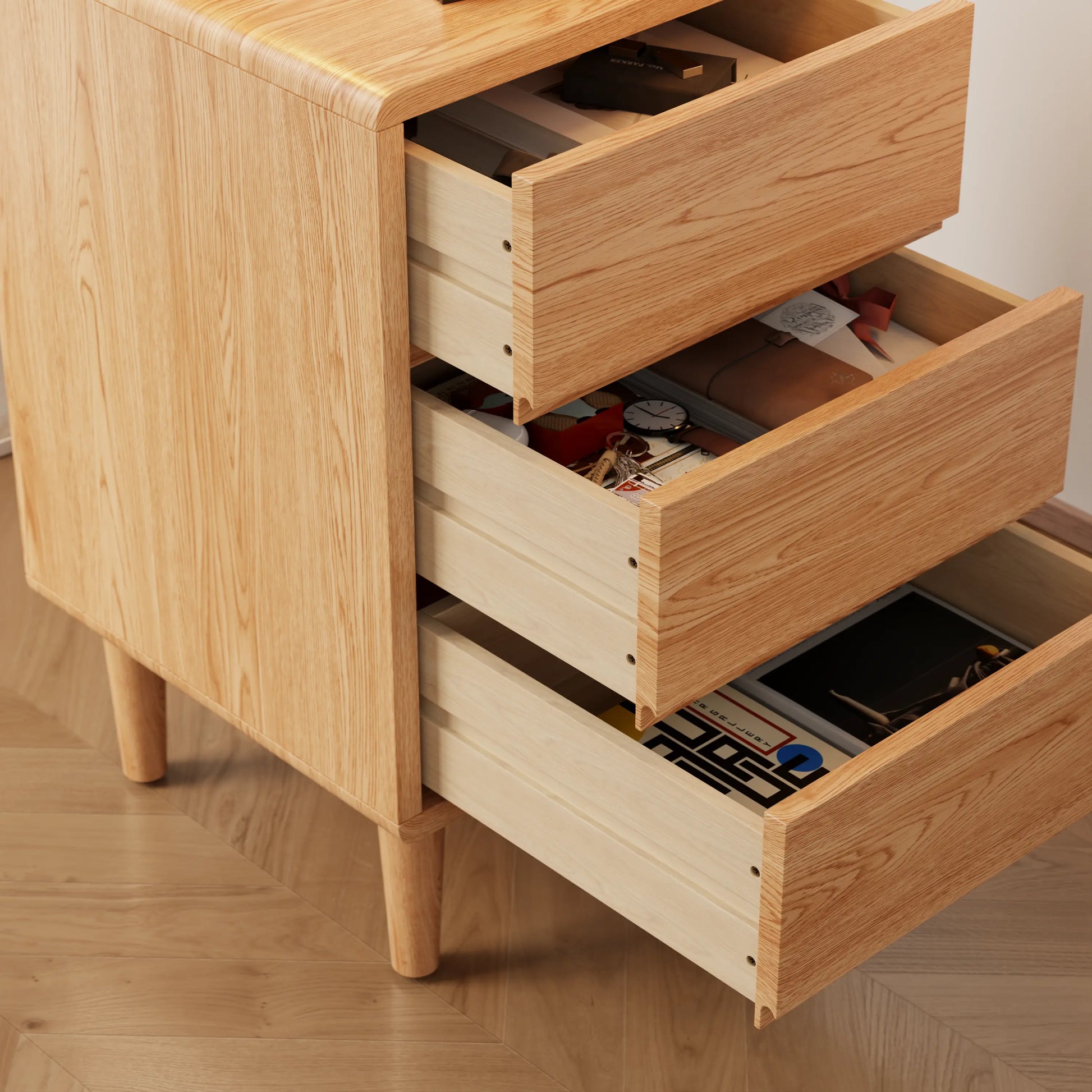 Mid-Century Modern Solid Wood Nightstand with 2-3 Hidden Drawers - iKaslandi