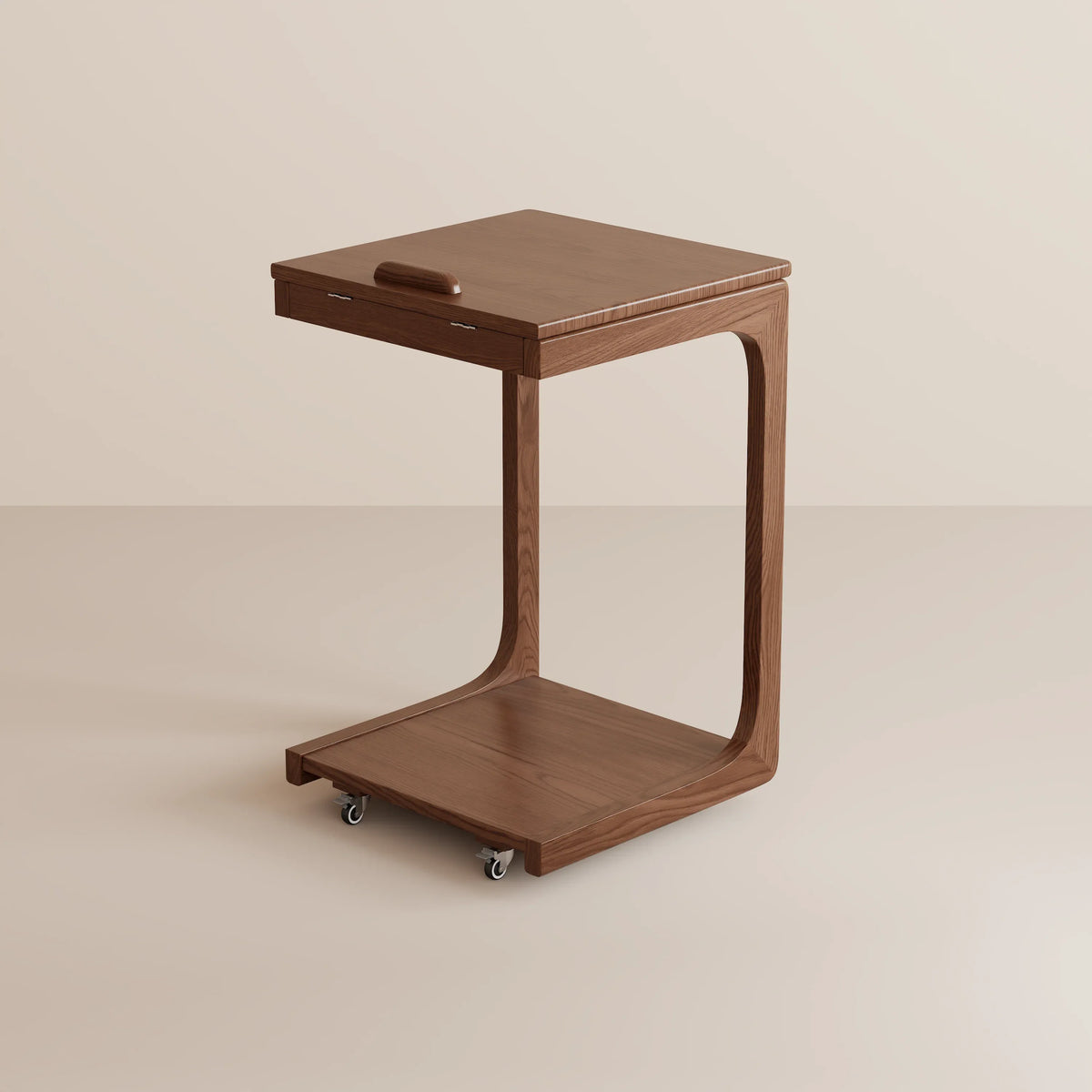 Walnut rolling C-shaped side table with top and lower shelf