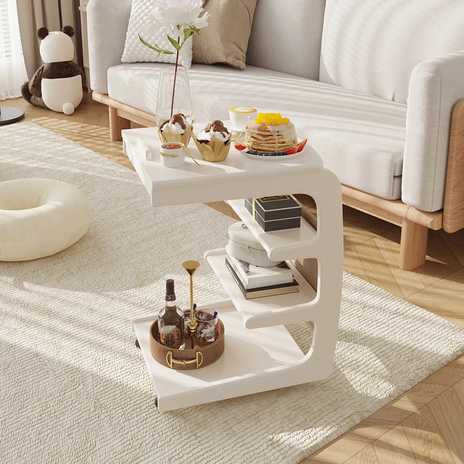 Solid Wood C - Shaped Table for Couch with 3 - Tier Storage - Kaslandi Furniture