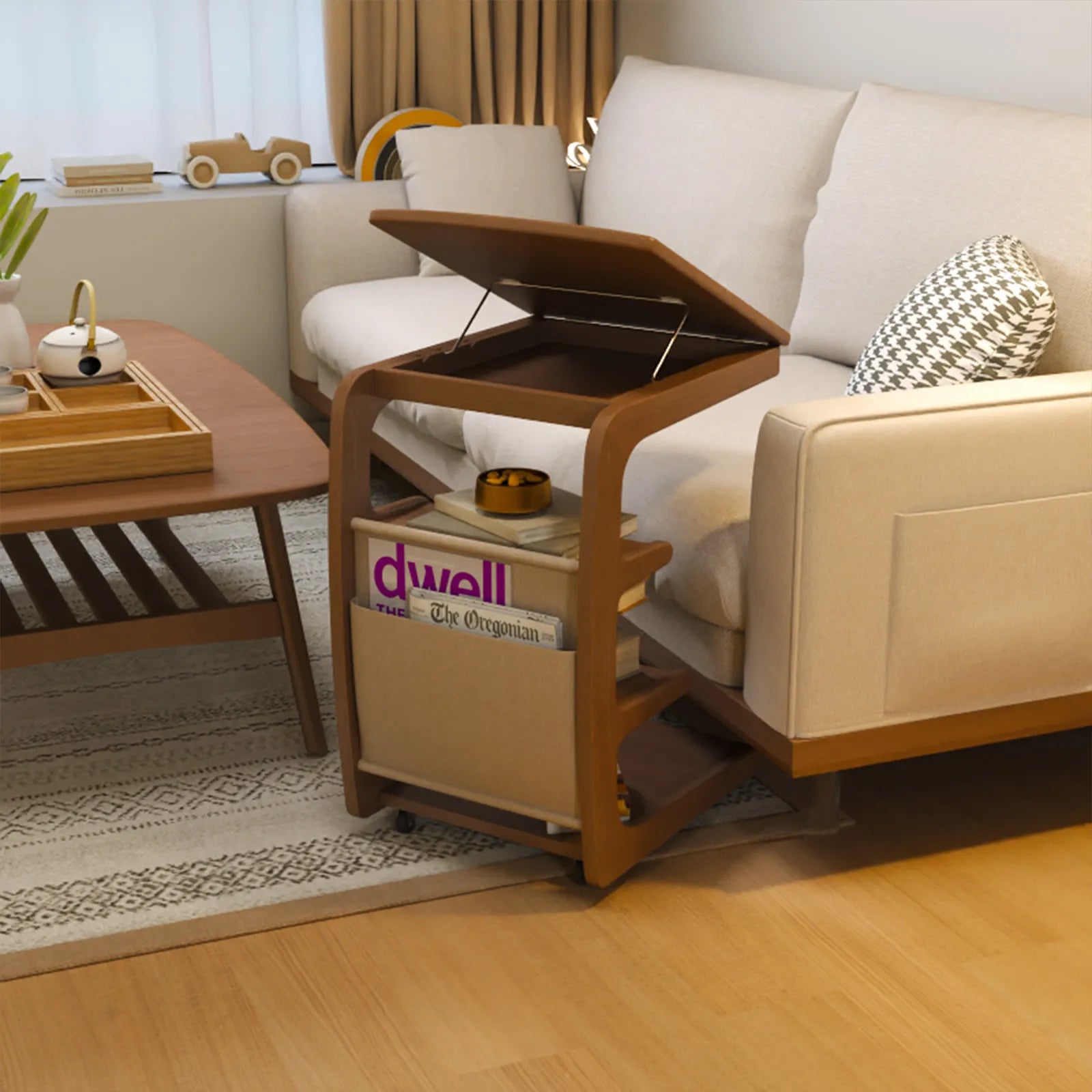 Solid Wood C - Shaped Table for Couch with 3 - Tier Storage - Kaslandi Furniture