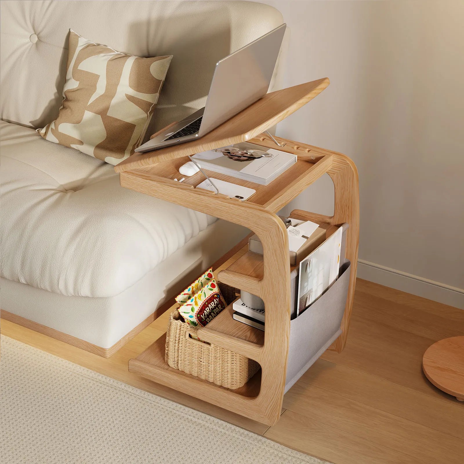 Solid Wood C - Shaped Table for Couch with 3 - Tier Storage - Kaslandi Furniture